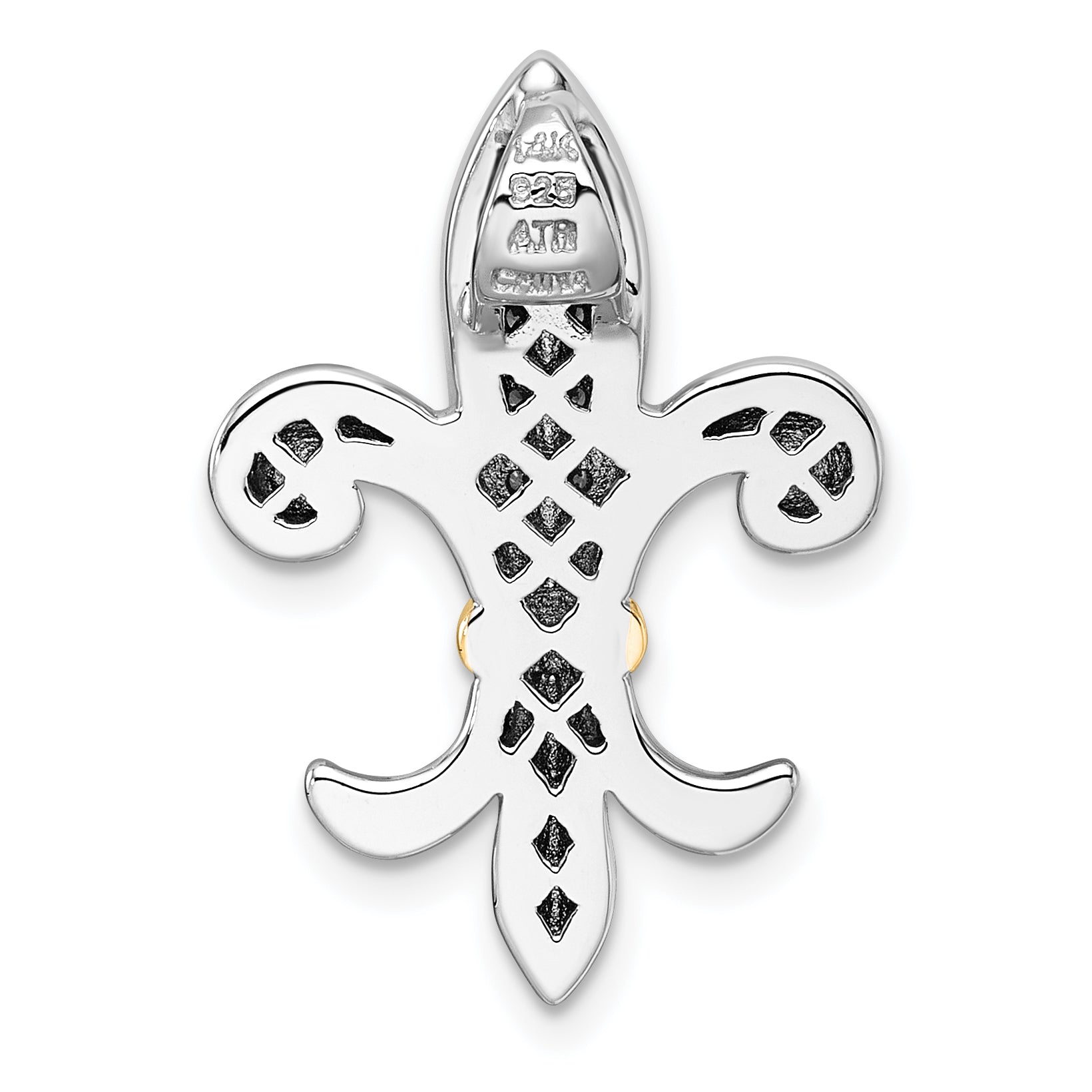 Sterling Silver Rhodium-plated with 14k Accent Polished CZ Fleur De Lis Chain Slide Pendant