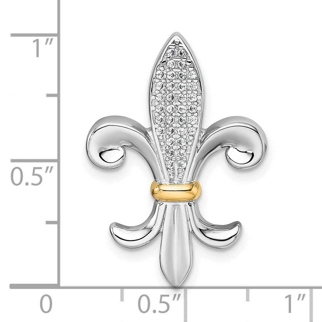 Sterling Silver Rhodium-plated with 14k Accent Polished CZ Fleur De Lis Chain Slide Pendant
