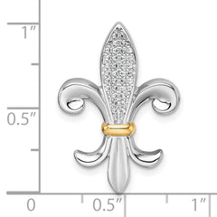 Sterling Silver Rhodium-plated with 14k Accent Polished CZ Fleur De Lis Chain Slide Pendant