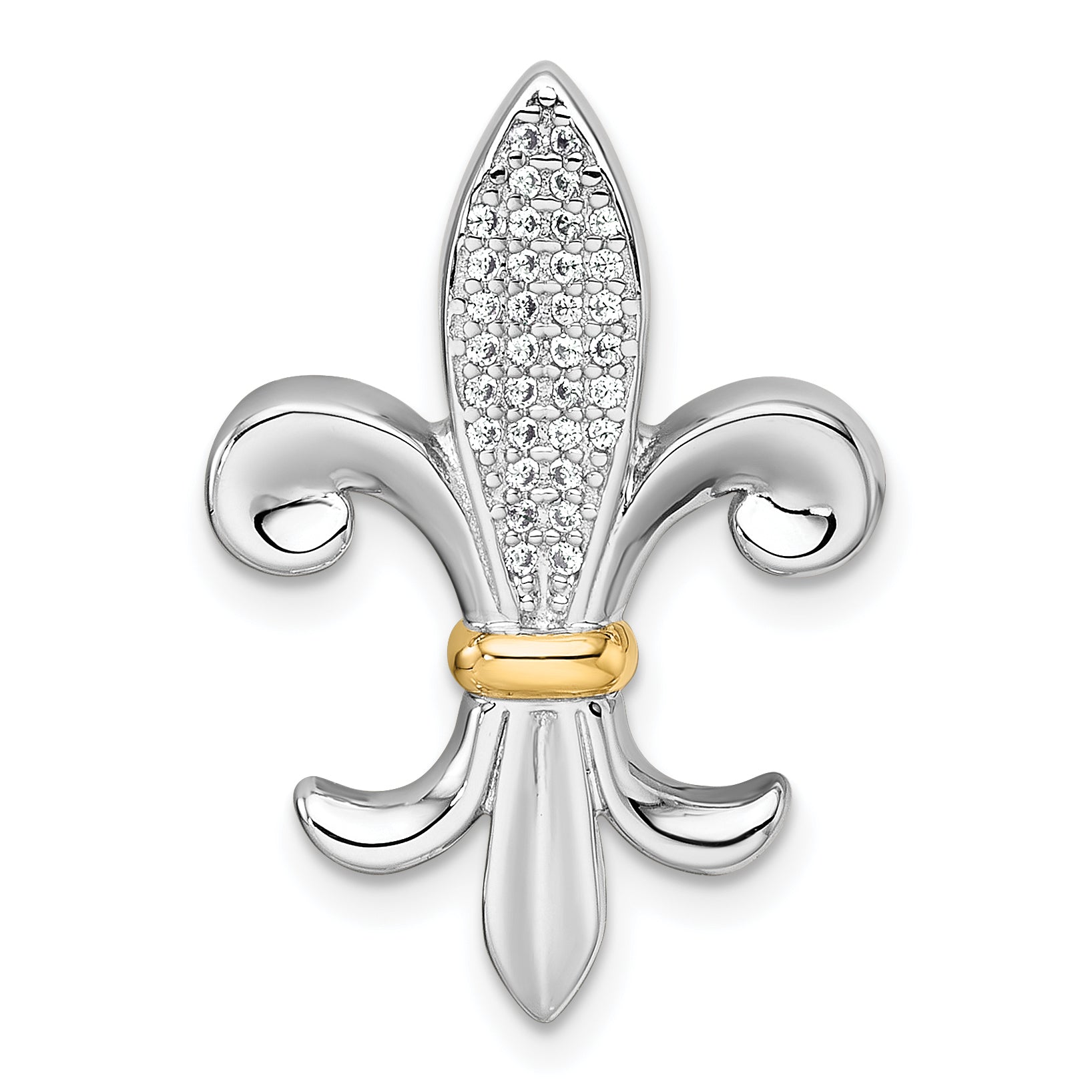 Sterling Silver Rhodium-plated with 14k Accent Polished CZ Fleur De Lis Chain Slide Pendant
