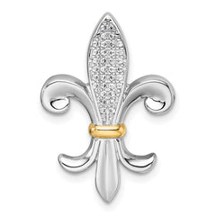 Sterling Silver Rhodium-plated with 14k Accent Polished CZ Fleur De Lis Chain Slide Pendant