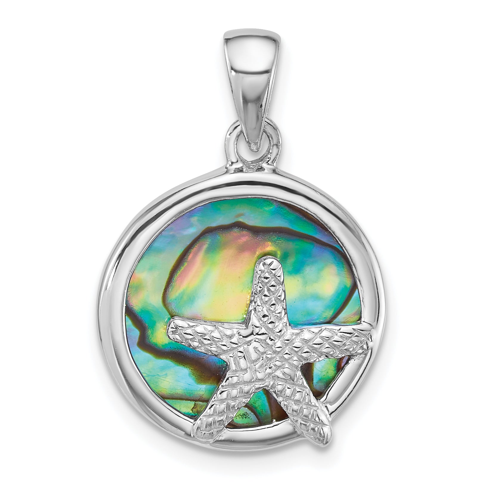Sterling Silver Rhodium-plated Polished Abalone Circle with Textured Starfish Pendant Main image