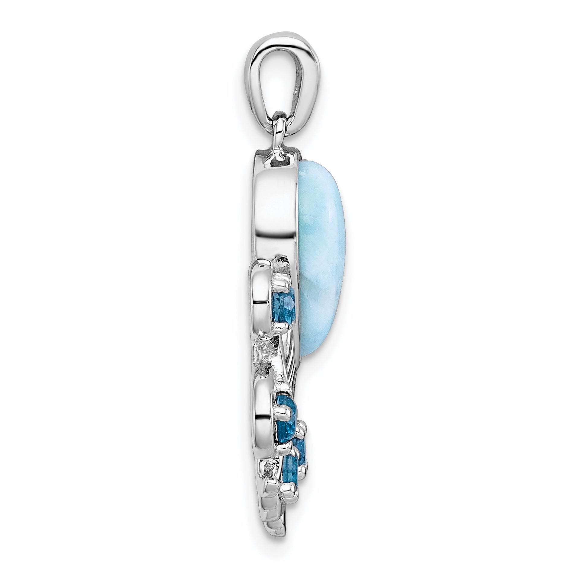 Sterling Silver Rhodium-plated Polished Larimar, White and Blue Topaz Octopus Pendant