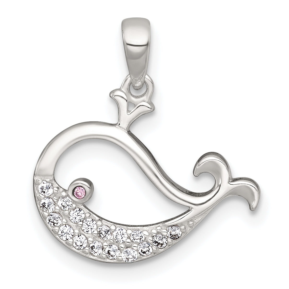 Sterling Silver Polished Pink and White CZ Cut-out Whale Pendant Main image