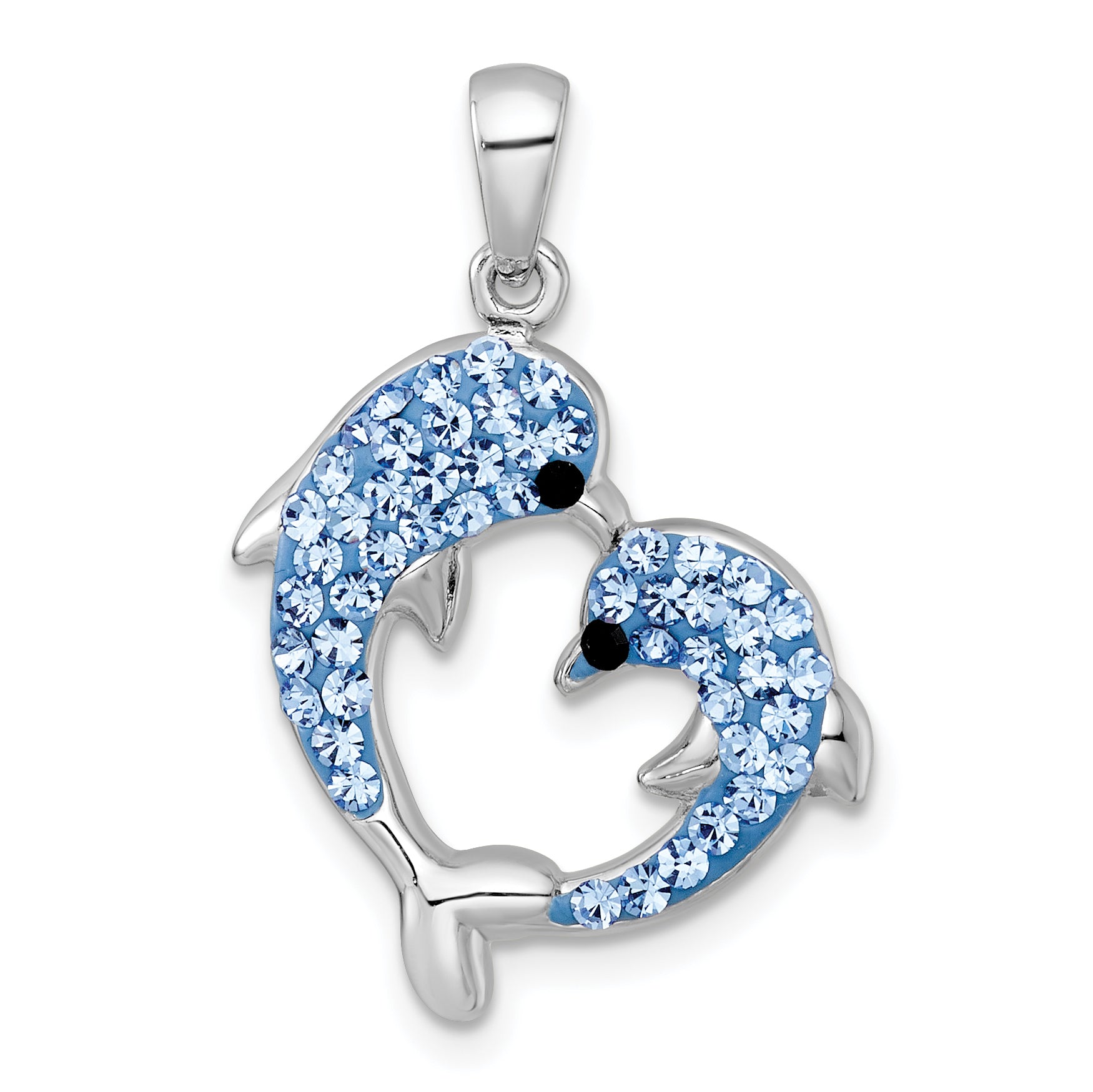 Sterling Silver Rhodium-plated Polished Blue and Black Crystal Dolphins Heart Shape Pendant Main image