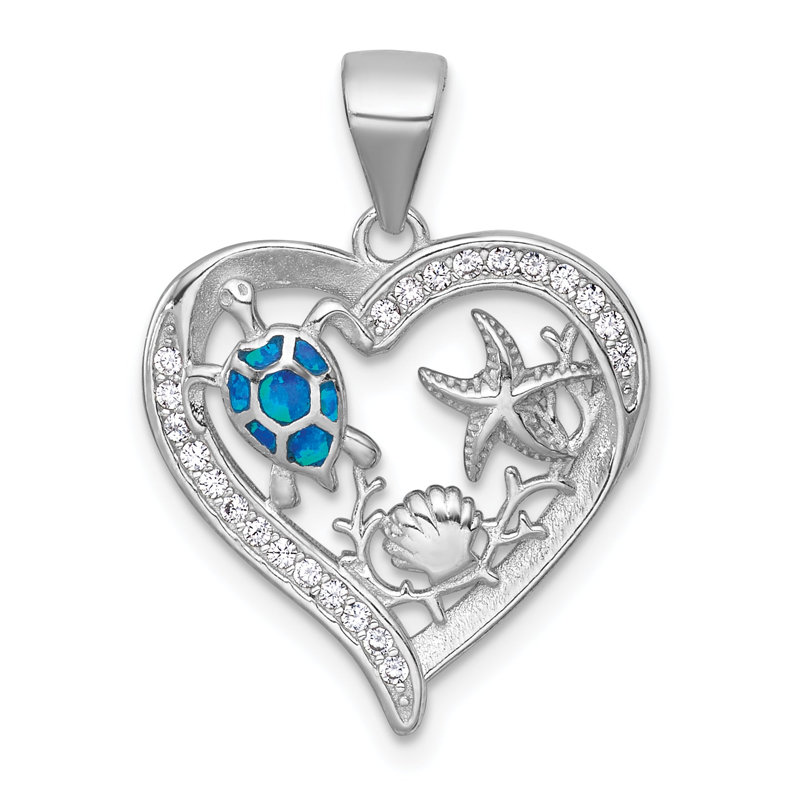 Sterling Silver Rhodium-plated Polished and Textured Blue Lab Created Opal and CZ Sealife Heart Pendant Main image