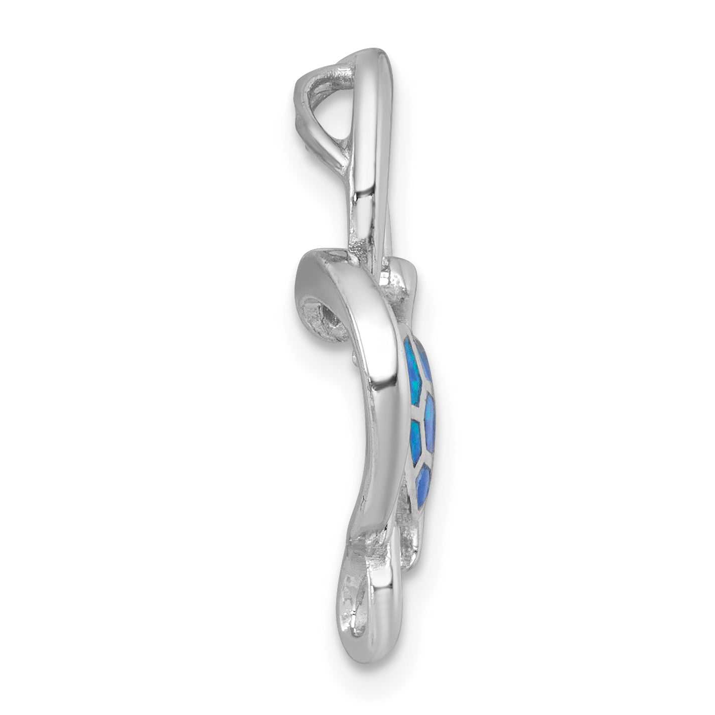 Sterling Silver Rhodium-plated Polished Blue Lab Created Opal Turtle Open Heart Chain Slide Pendant Secondary image