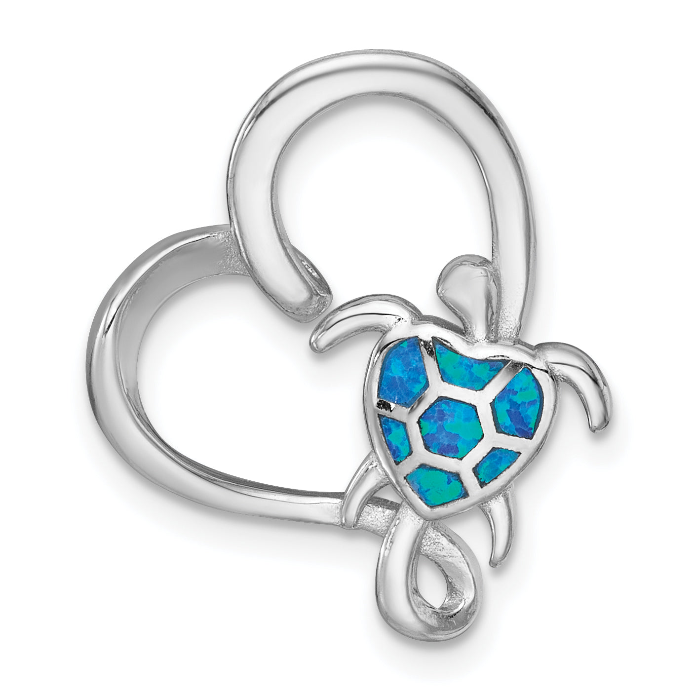 Sterling Silver Rhodium-plated Polished Blue Lab Created Opal Turtle Open Heart Chain Slide Pendant Main image