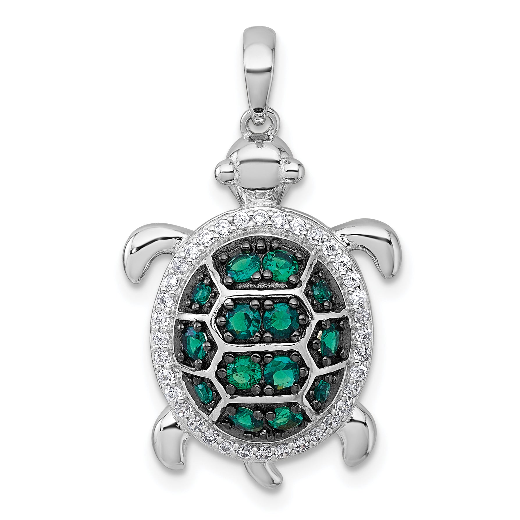 Sterling Silver White and Black Rhodium-plated White and Green CZ Turtle Pendant Main image