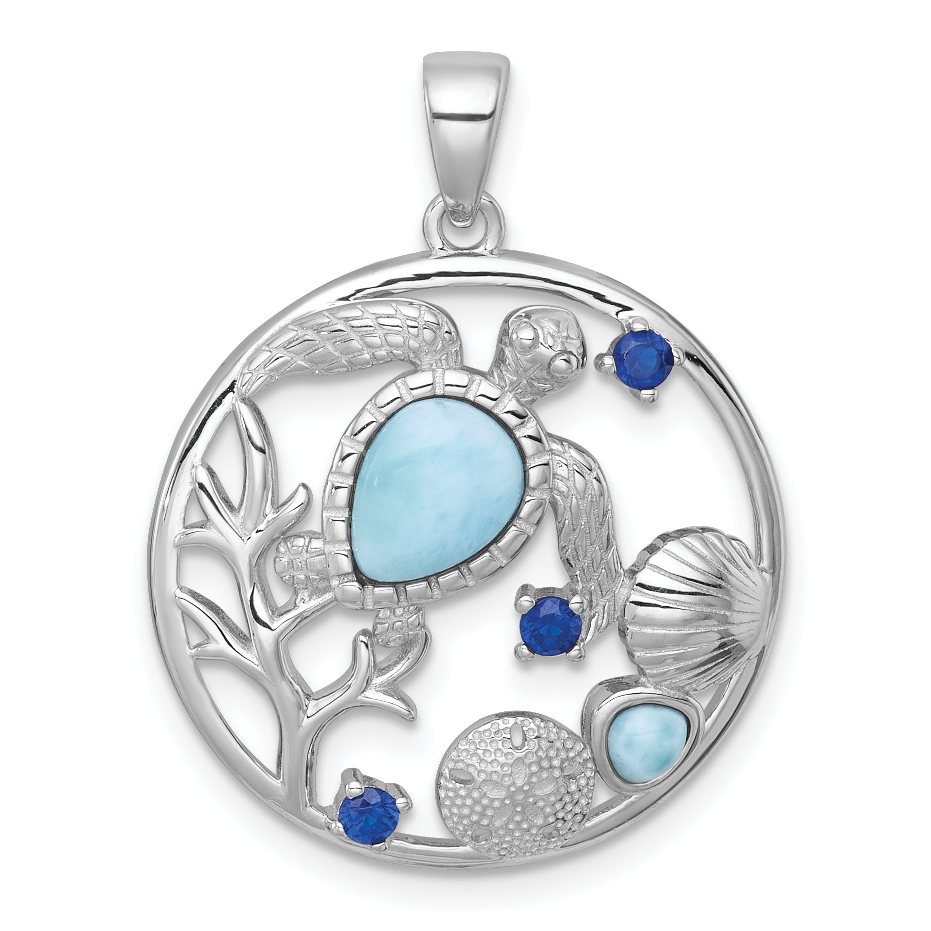 Sterling Silver Rhodium-plated Polished and Textured Larimar and Blue CZ Sealife Pendant Main image