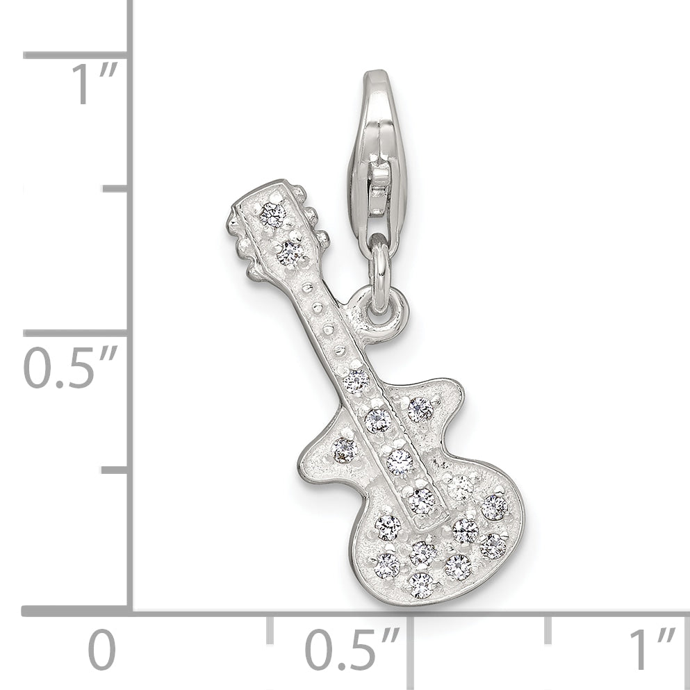 Sterling Silver Polished CZ Guitar with Lobster Clasp Charm
