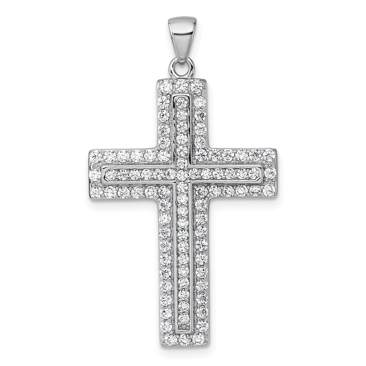 Pavé Latin Cross Pendant in Sterling Silver with Cubic Zirconia, 39mm - Sophia Jewelers Main image