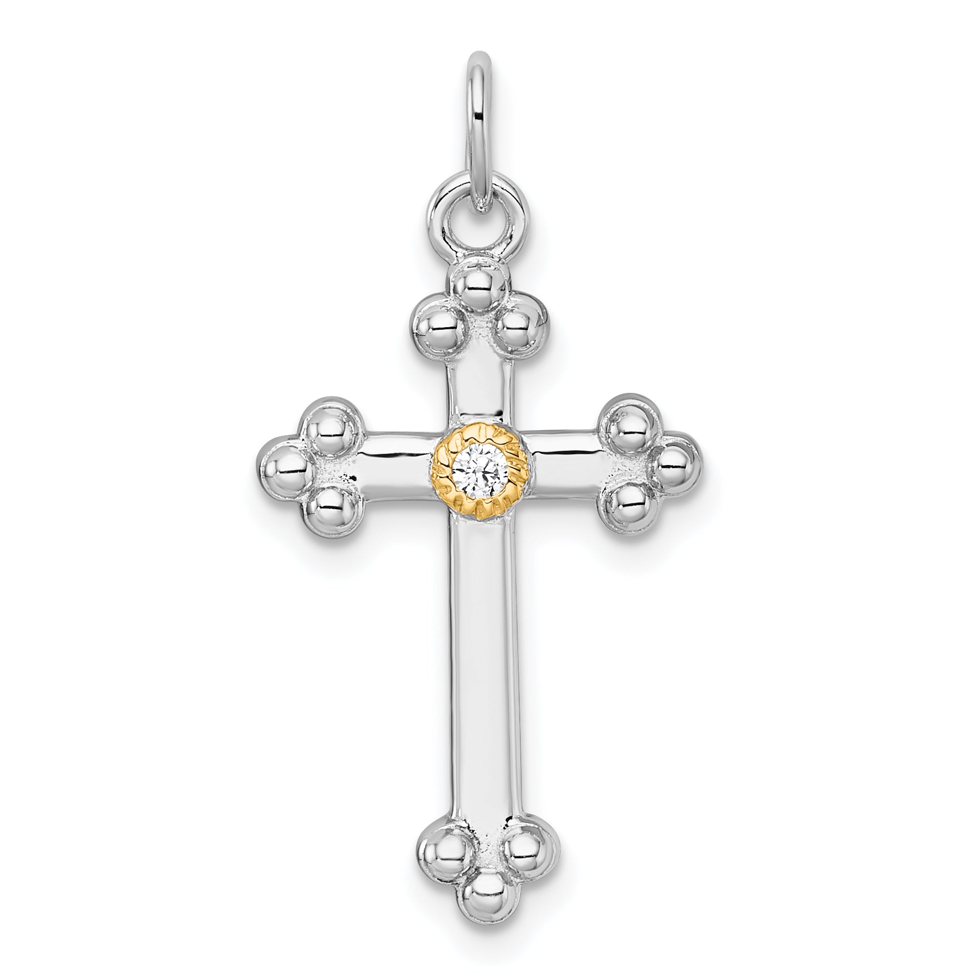 Sterling Silver Rhodium-plated with 14k Accent Polished CZ Budded Cross Pendant Main image