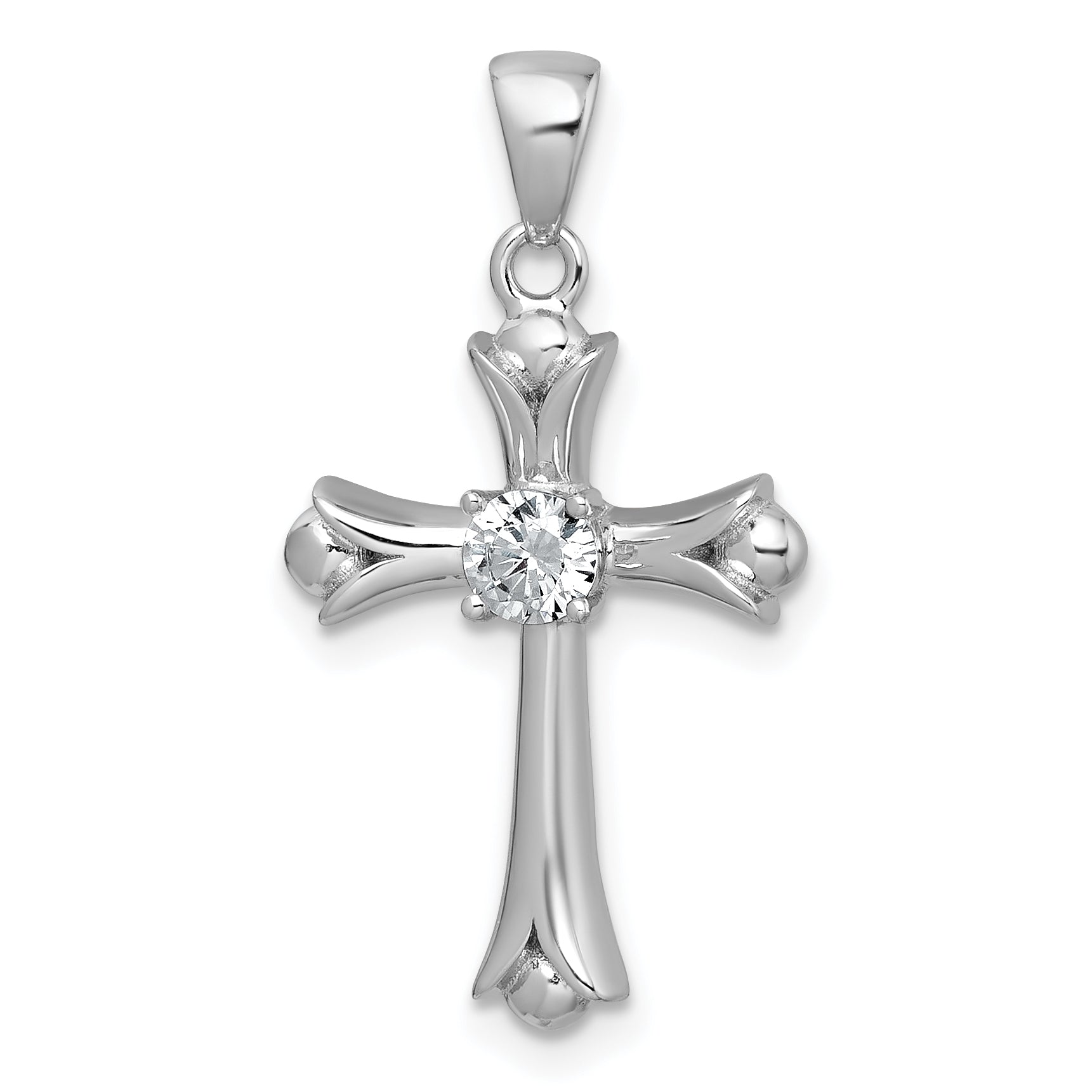 Sterling Silver Rhodium-plated Center CZ Fleur de Lis Cross Pendant