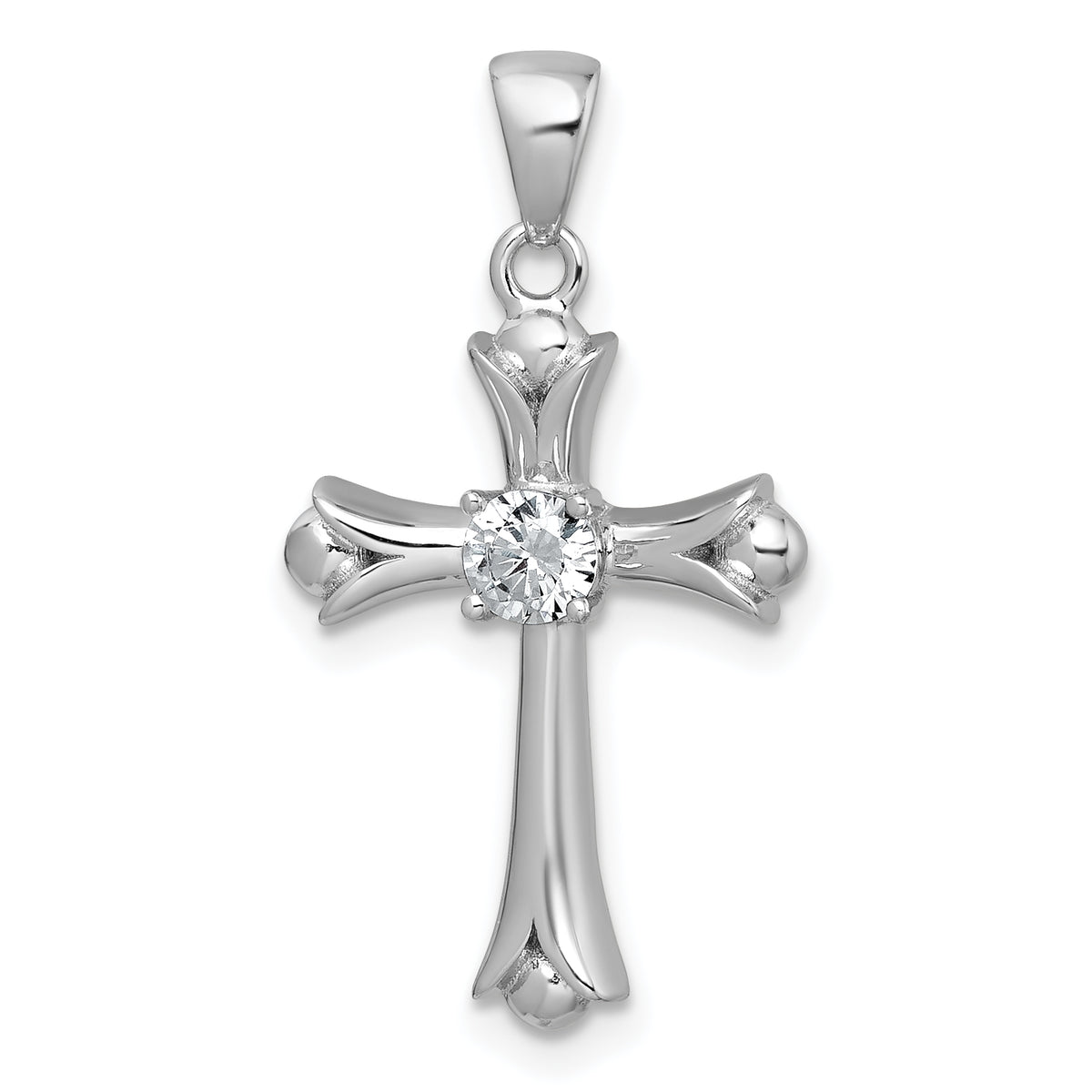Sterling Silver Rhodium-plated Center CZ Fleur de Lis Cross Pendant