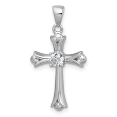 Sterling Silver Rhodium-plated Center CZ Fleur de Lis Cross Pendant