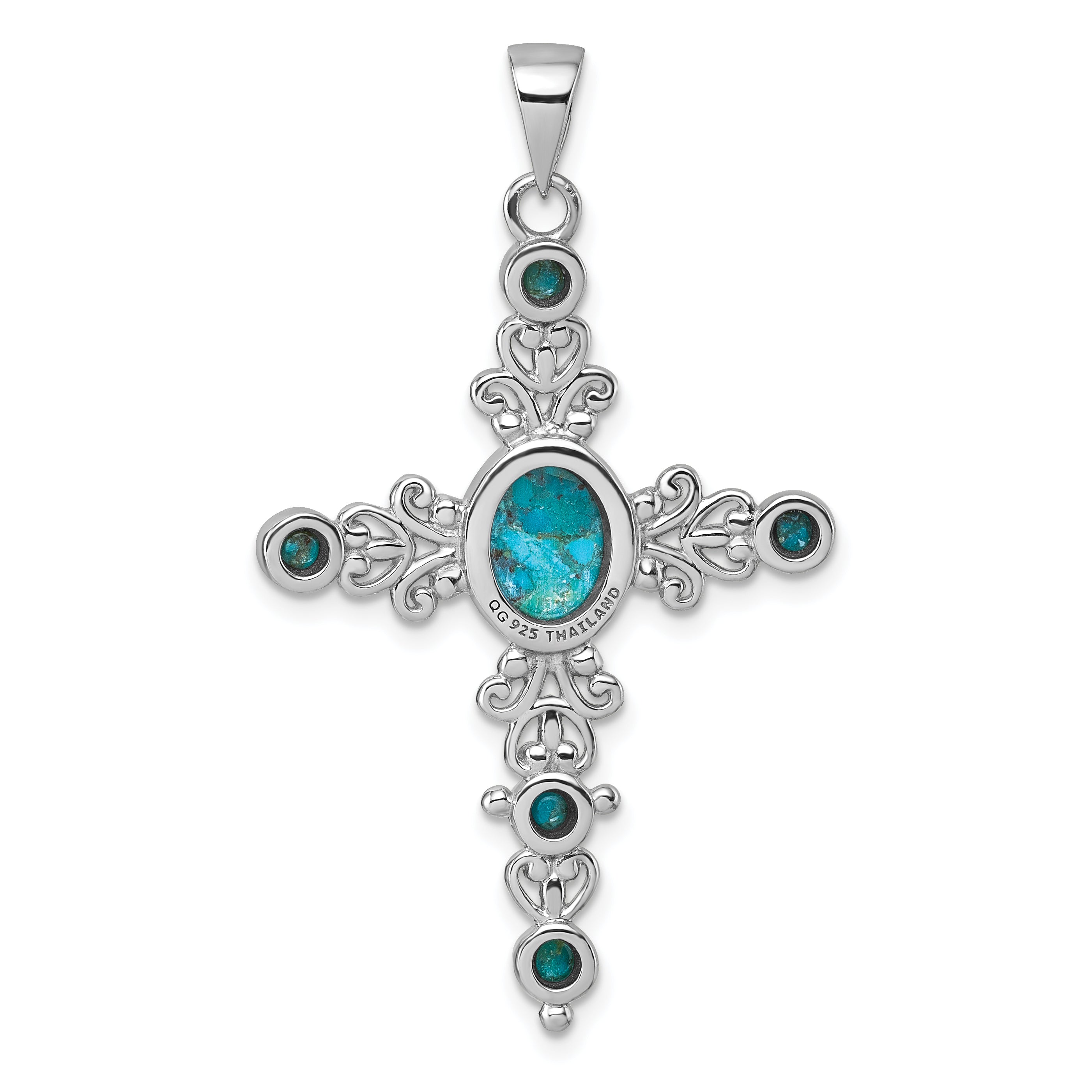 Sterling Silver Rhodium-plated Polished Compressed Turquoise Cabochons Fancy Cross Pendant