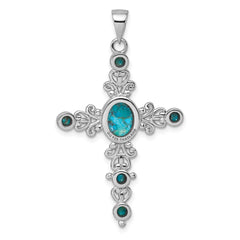 Sterling Silver Rhodium-plated Polished Compressed Turquoise Cabochons Fancy Cross Pendant