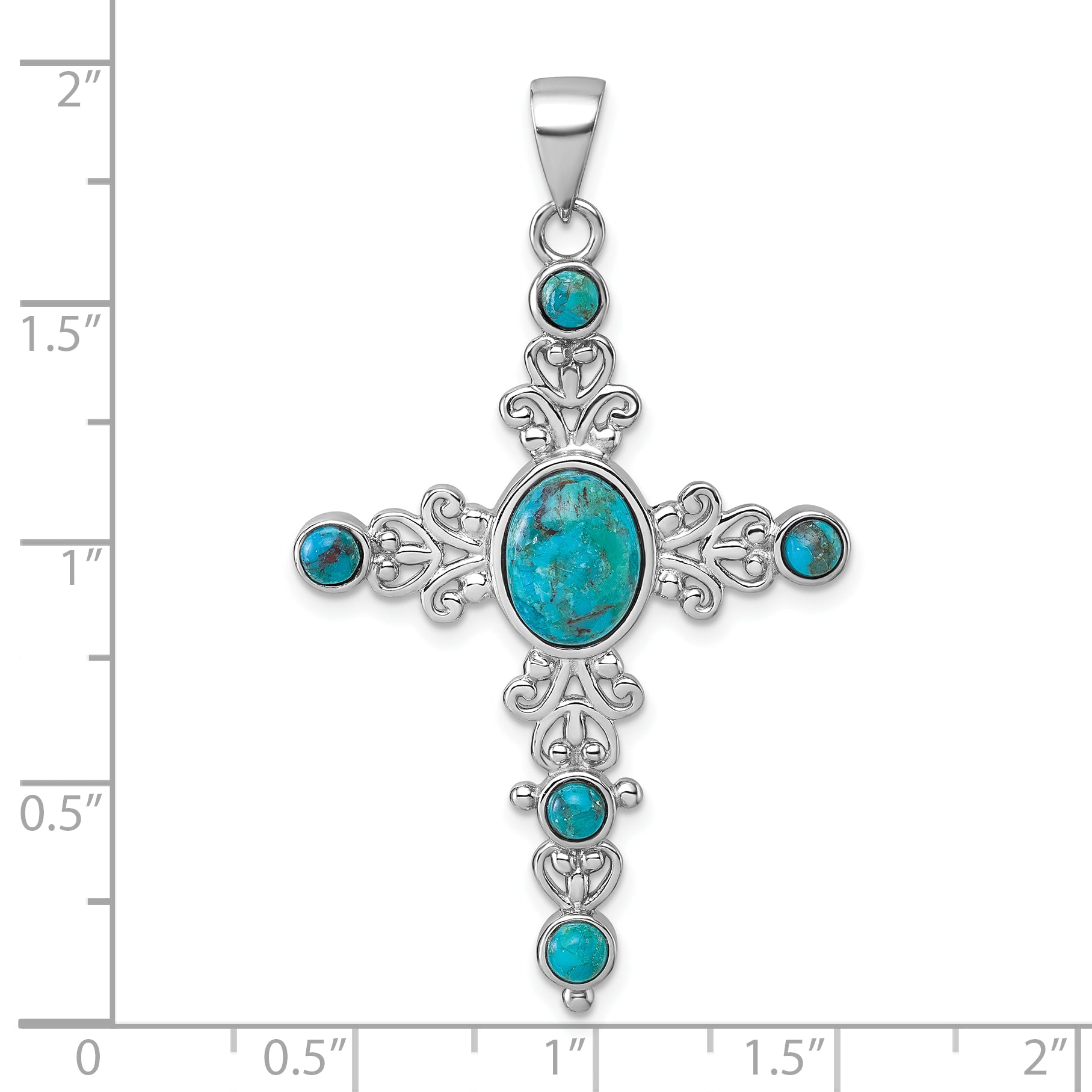 Sterling Silver Rhodium-plated Polished Compressed Turquoise Cabochons Fancy Cross Pendant