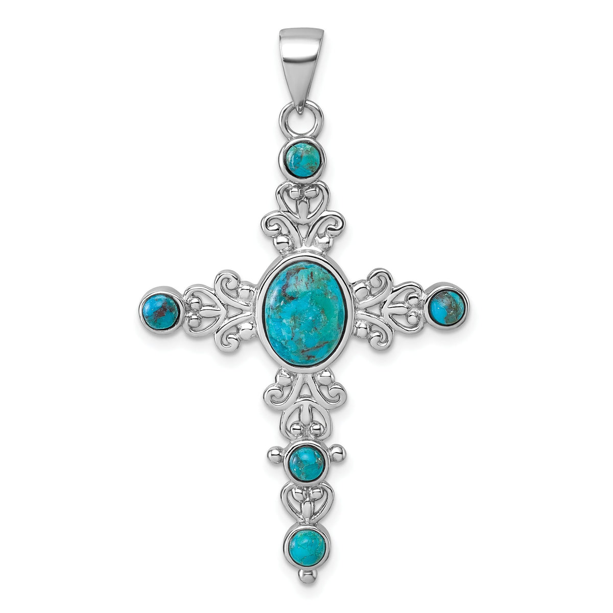 Fancy Cross Pendant in Sterling Silver with Turquoise Cabochons, 49mm - Sophia Jewelers Main image