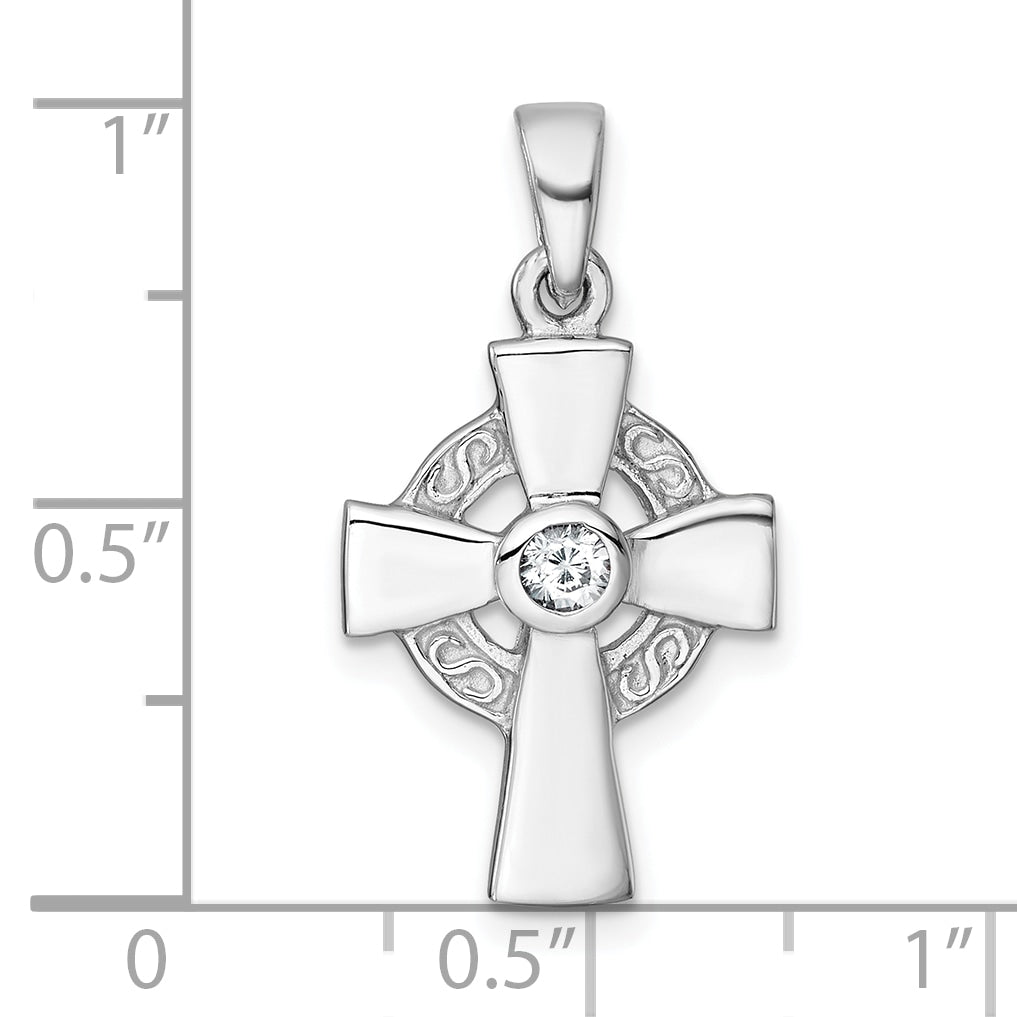 Sterling Silver Rhodium-plated Polished CZ Center Celtic Cross Pendant