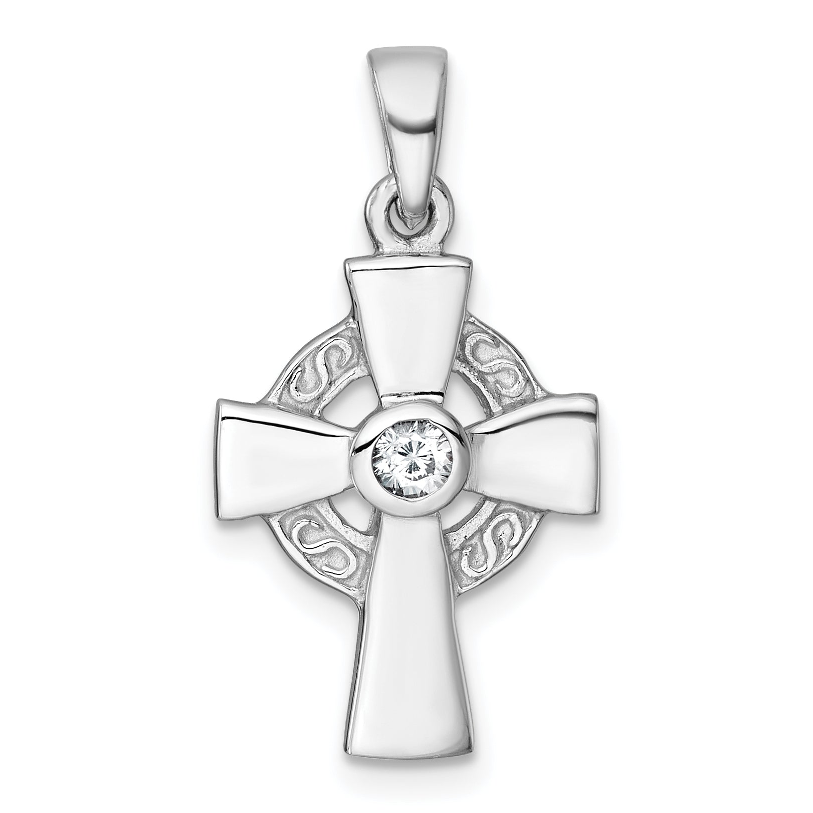 Sterling Silver Rhodium-plated Polished CZ Center Celtic Cross Pendant Main image