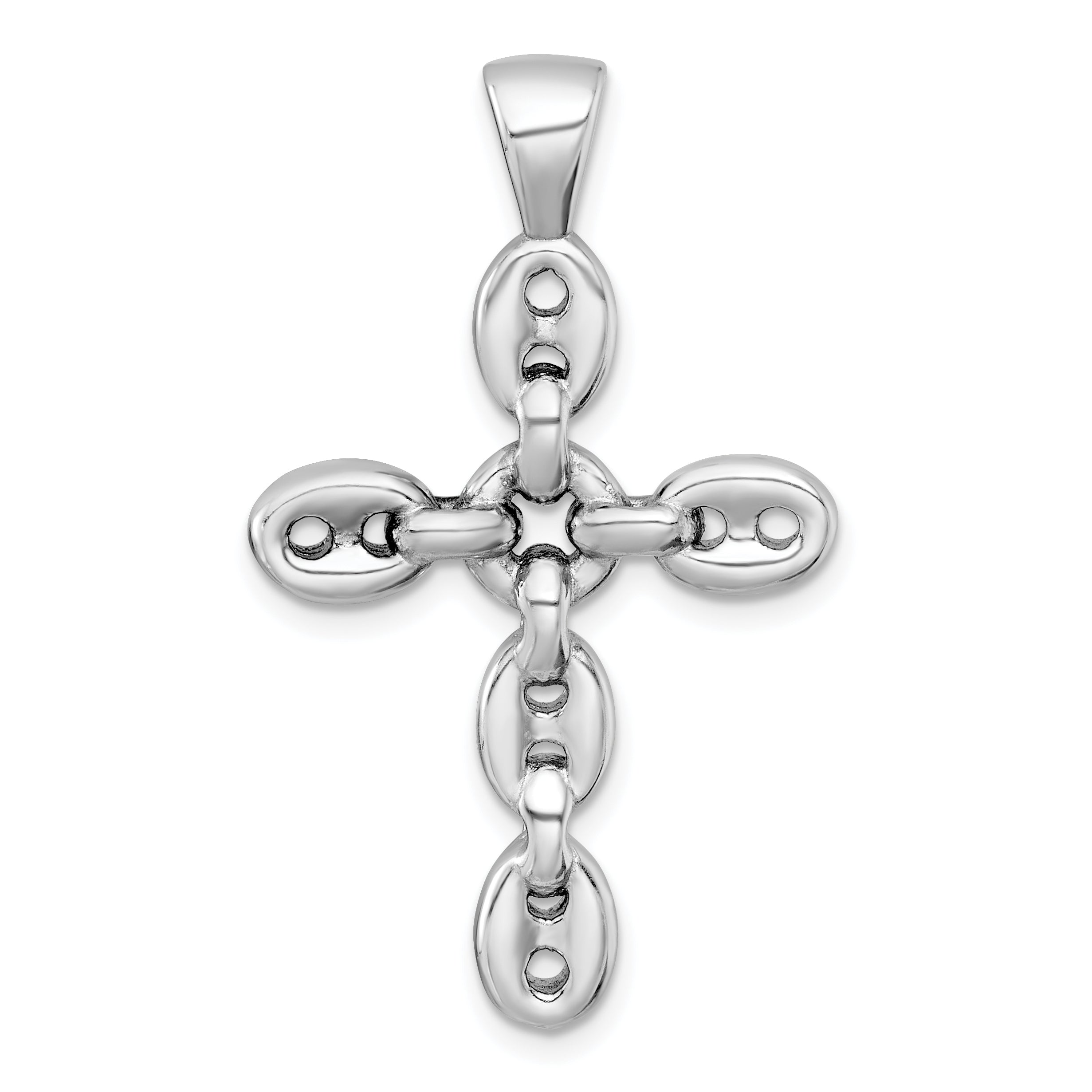 Sterling Silver Rhodium-plated Polished Puffed Mariner/Anchor Link Cross Pendant Main image
