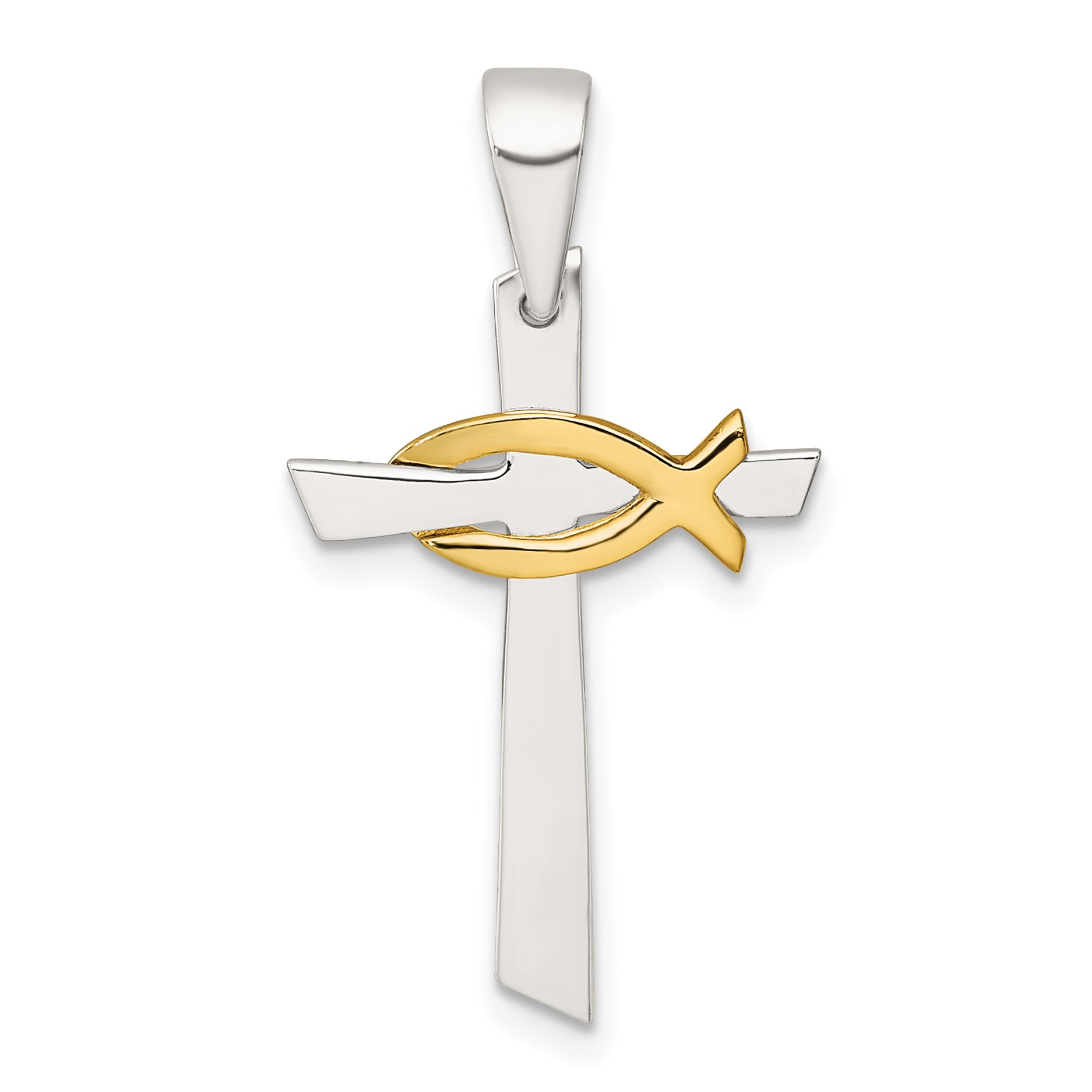 Sterling Silver Polished Cross with Gold-tone Ichthus Fish Pendant Main image