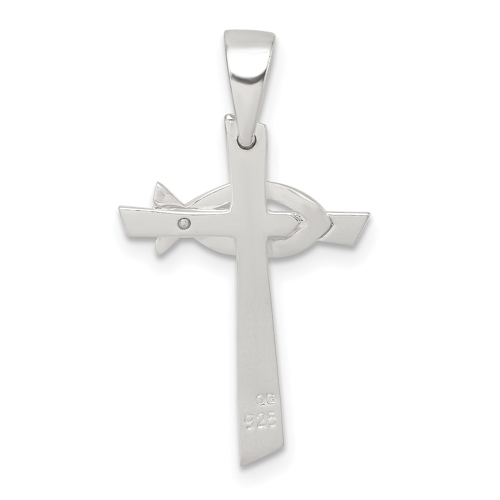 Sterling Silver Polished Cross with Brushed Ichthus Fish Pendant