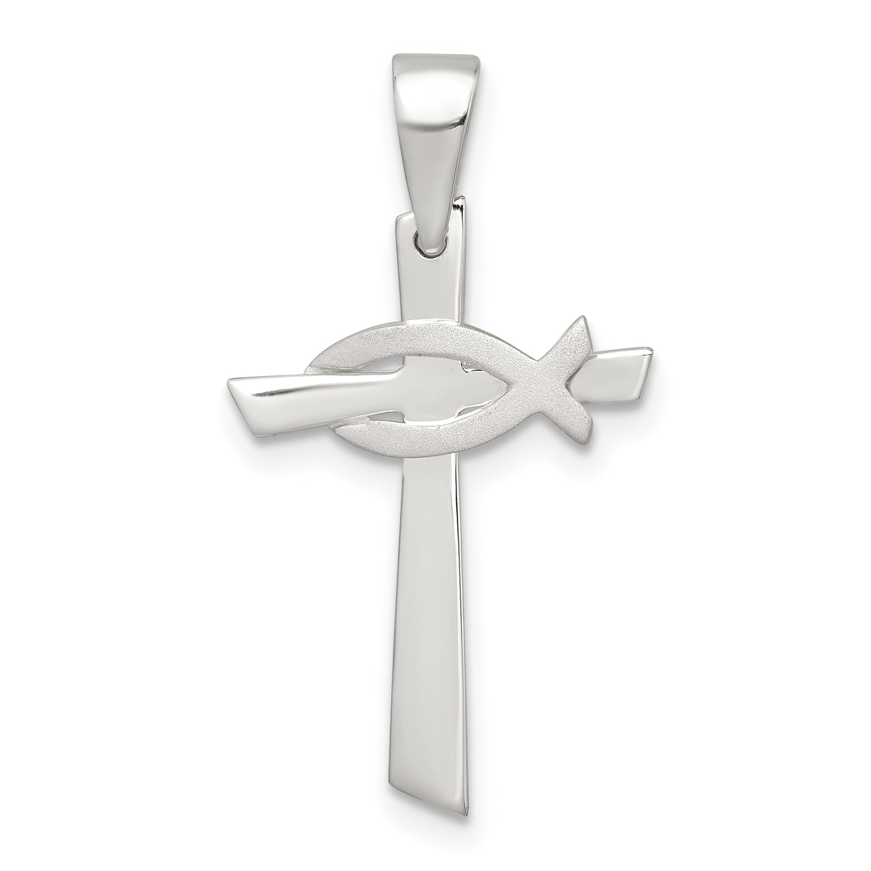Sterling Silver Polished Cross with Brushed Ichthus Fish Pendant Main image