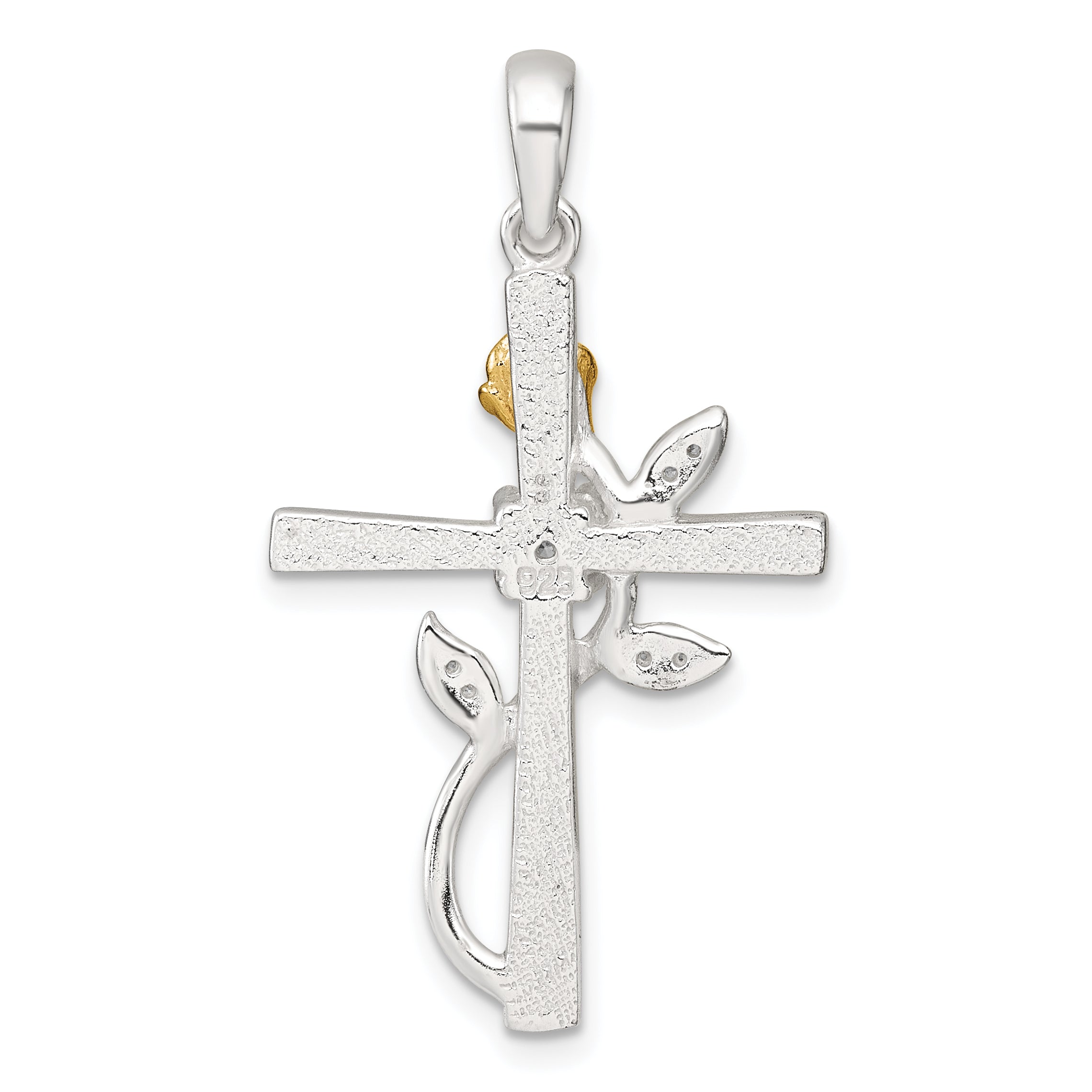 Sterling Silver E-Coat Polished Cross with CZ and Gold-tone Rose Pendant