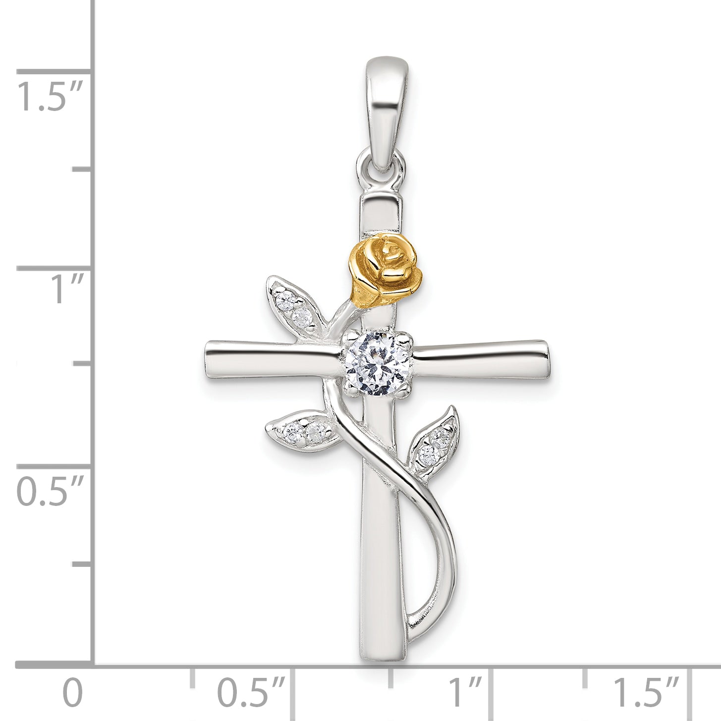 Sterling Silver E-Coat Polished Cross with CZ and Gold-tone Rose Pendant