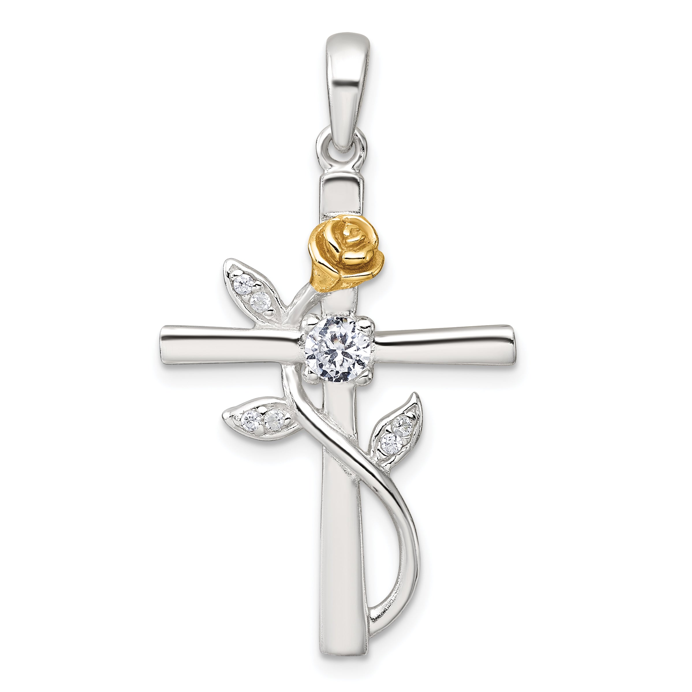 Sterling Silver E-Coat Polished Cross with CZ and Gold-tone Rose Pendant