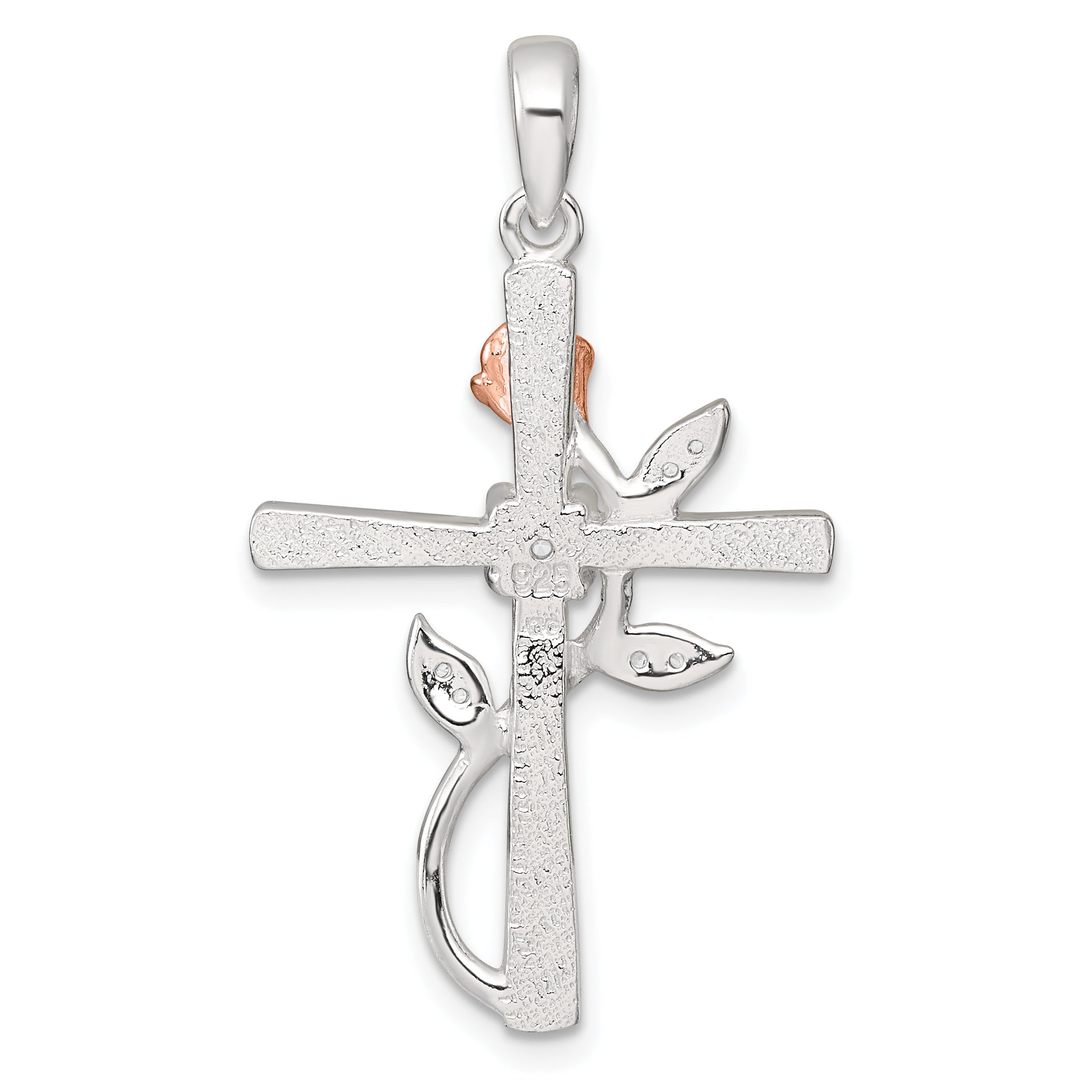 Sterling Silver E-Coat Polished Cross with CZ and Rose-tone Rose Pendant
