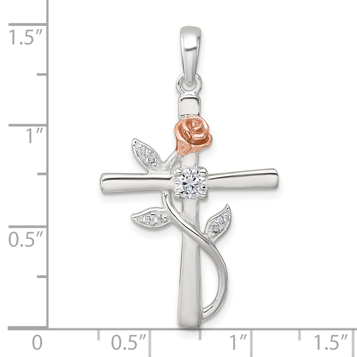 Sterling Silver E-Coat Polished Cross with CZ and Rose-tone Rose Pendant