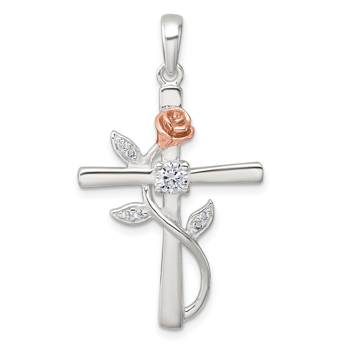 Sterling Silver E-Coat Polished Cross with CZ and Rose-tone Rose Pendant