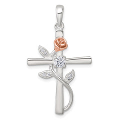Sterling Silver E-Coat Polished Cross with CZ and Rose-tone Rose Pendant