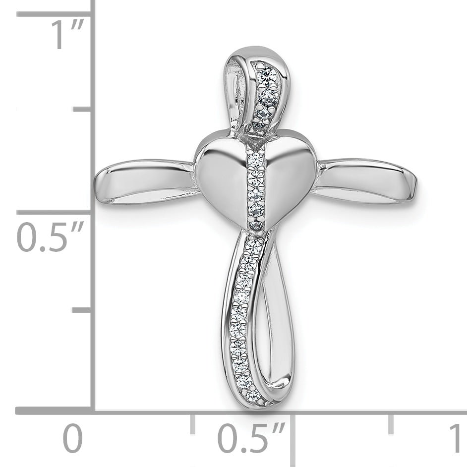 Sterling Silver Rhodium-plated Polished CZ Heart Cross Chain Slide Pendant