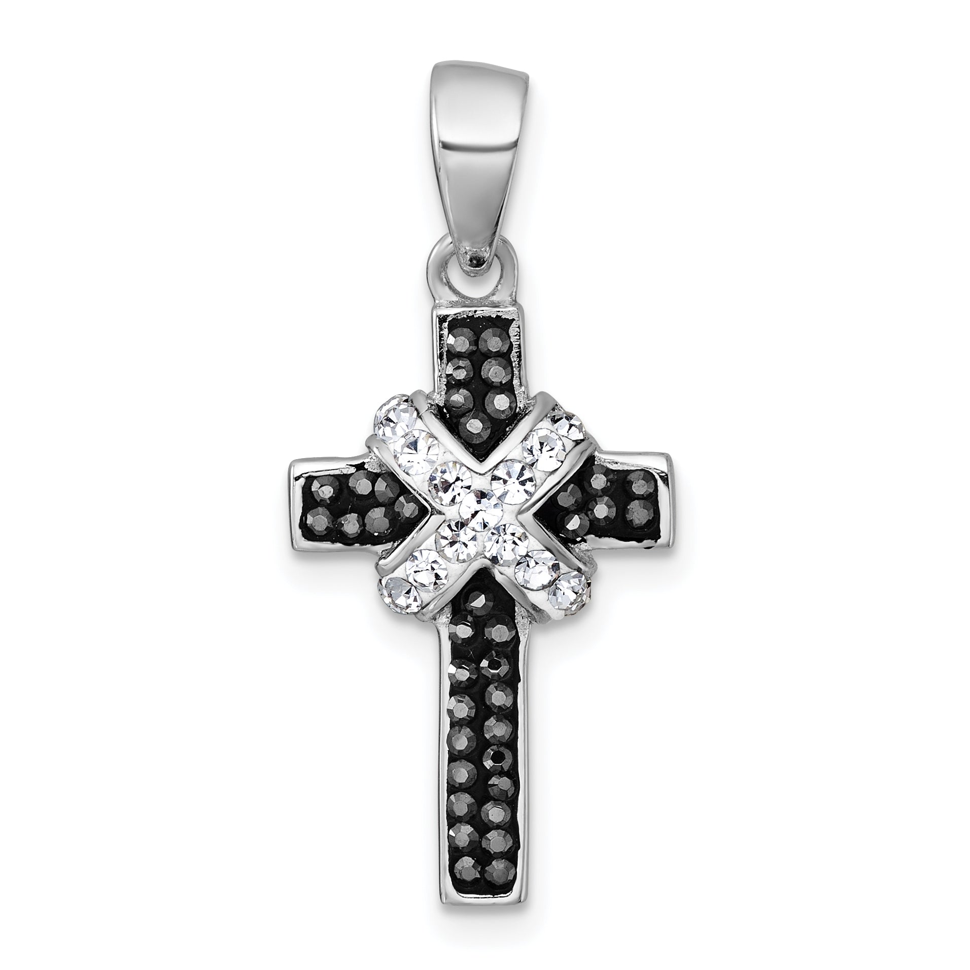 sterling Silver Rhodium-plated Black And White Crystal -X- Cross Pendant