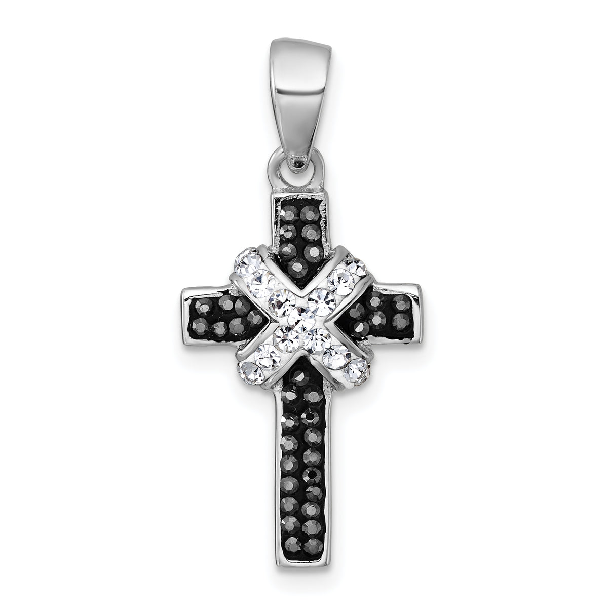 sterling Silver Rhodium-plated Black And White Crystal -X- Cross Pendant
