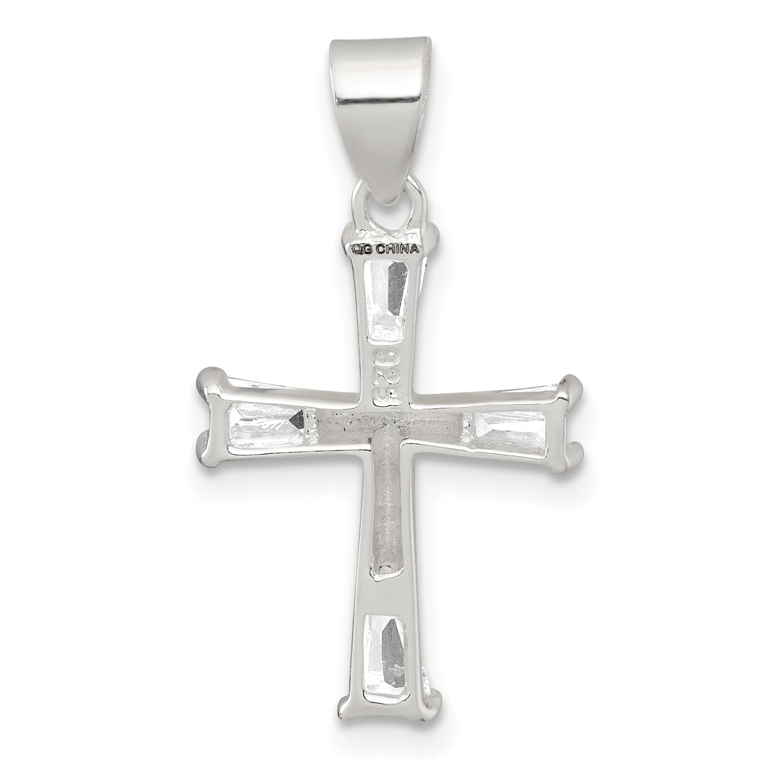 Sterling Silver Polished Tapered Baguette CZ Cross Pendant
