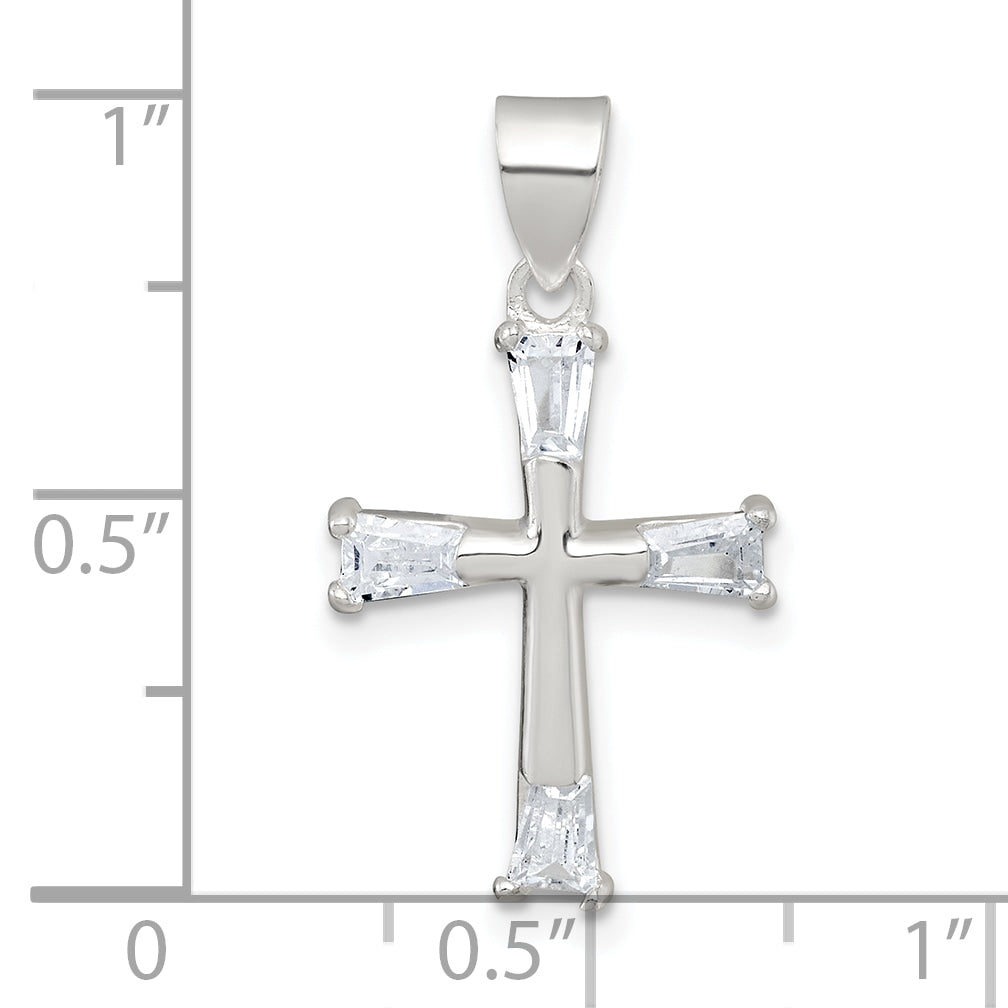 Sterling Silver Polished Tapered Baguette CZ Cross Pendant