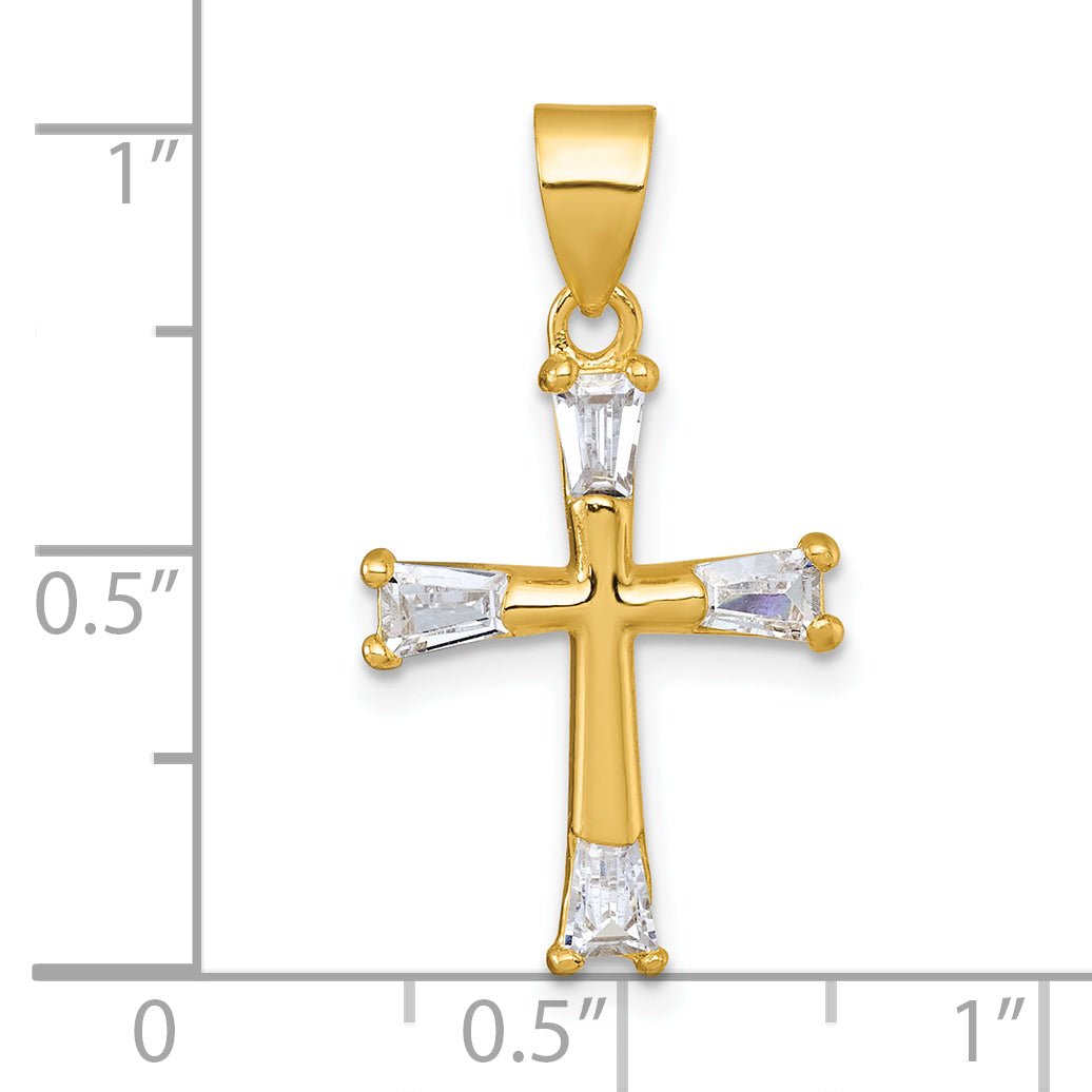 Sterling Silver Gold-tone Polished Tapered Baguette CZ Cross Pendant