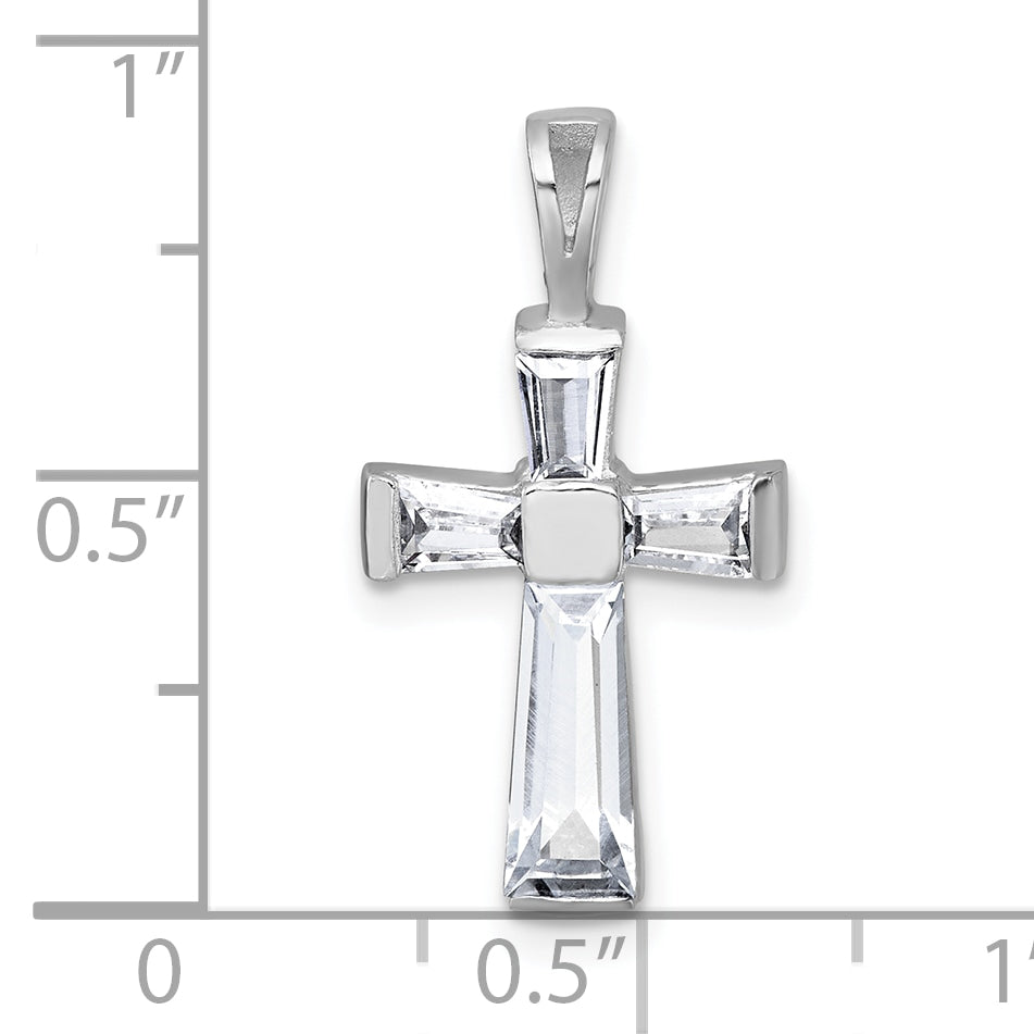Sterling Silver Rhodium-plated Polished Baguette CZ Cross Pendant
