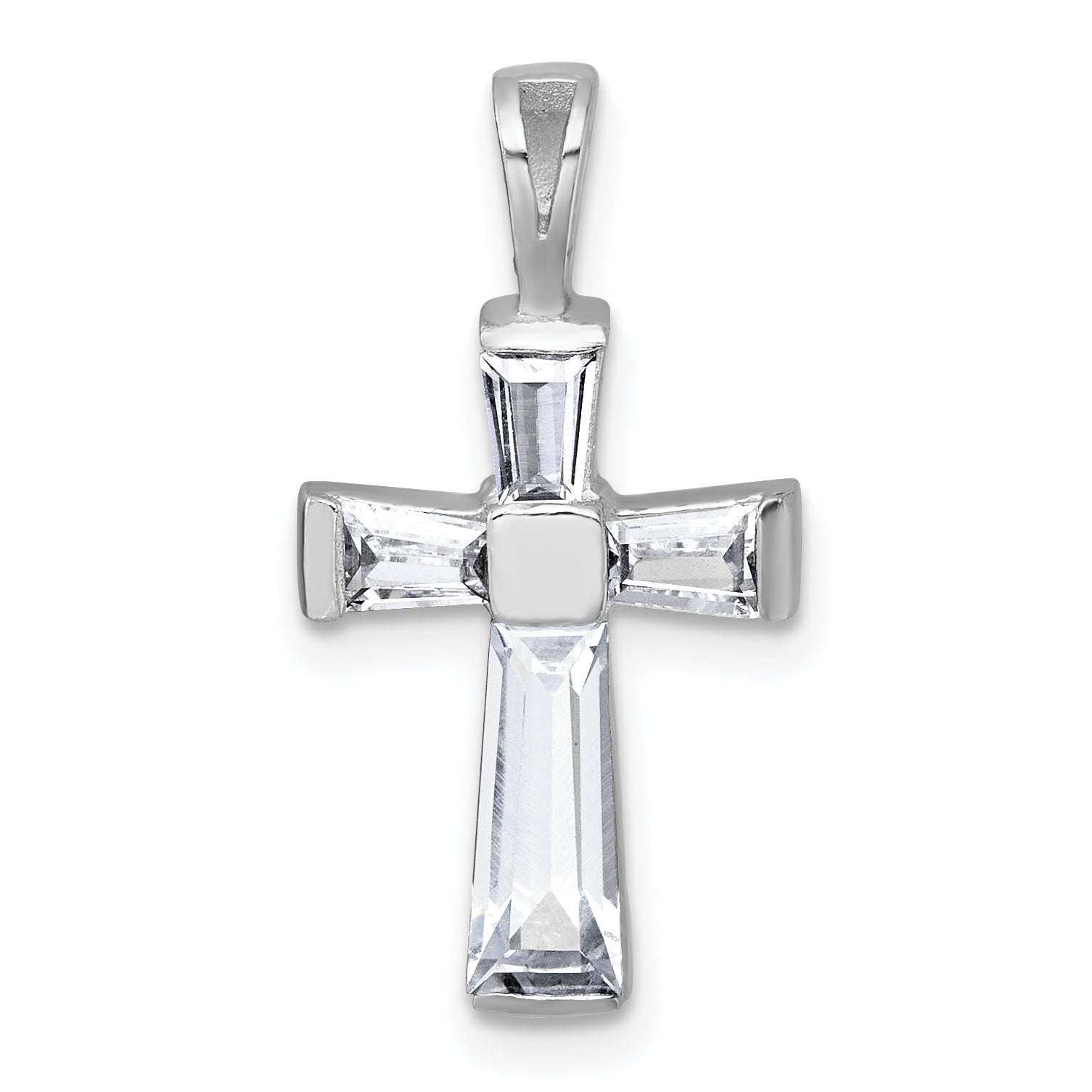 Sterling Silver Rhodium-plated Polished Baguette CZ Cross Pendant Main image
