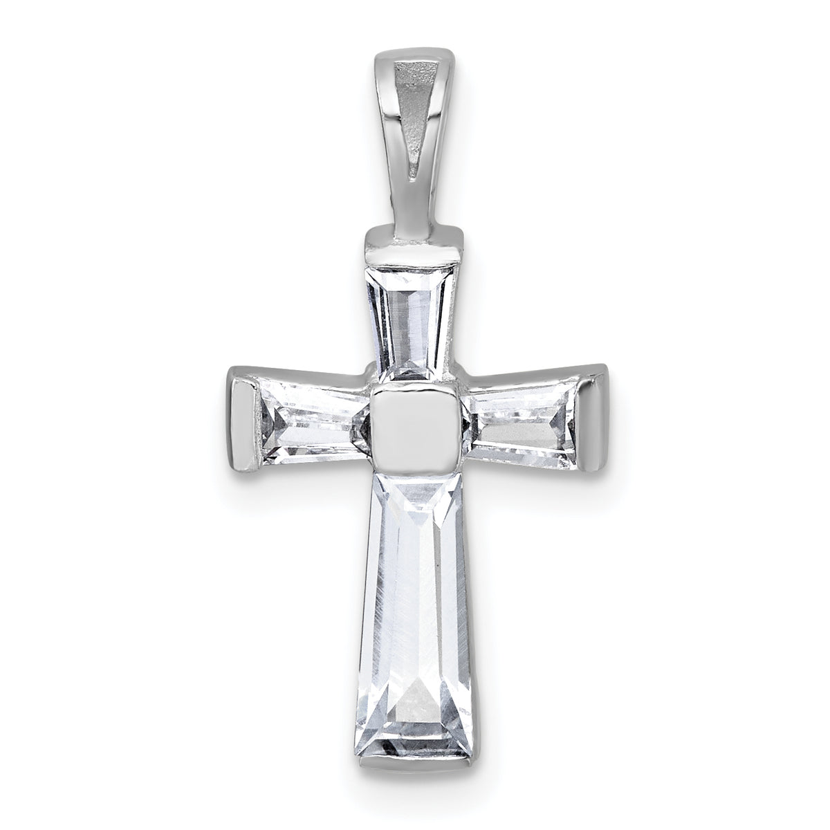 Sterling Silver Rhodium-plated Polished Baguette CZ Cross Pendant