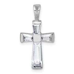 Sterling Silver Rhodium-plated Polished Baguette CZ Cross Pendant