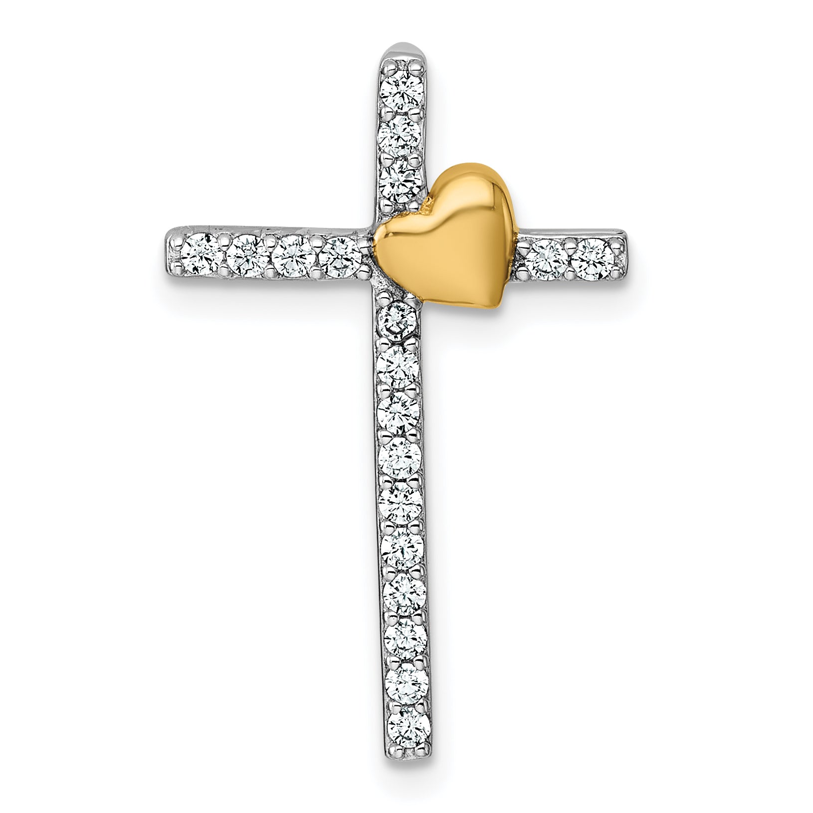 Sterling Silver Rhodium-plated with Gold-plated Heart Polished CZ Cross Chain Slide Pendant Main image