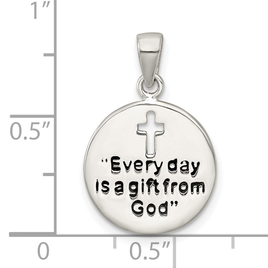 Sterling Silver Polished Black Enamel EVERY DAY IS A GIFT FROM GOD Cut Out Cross Disc Pendant