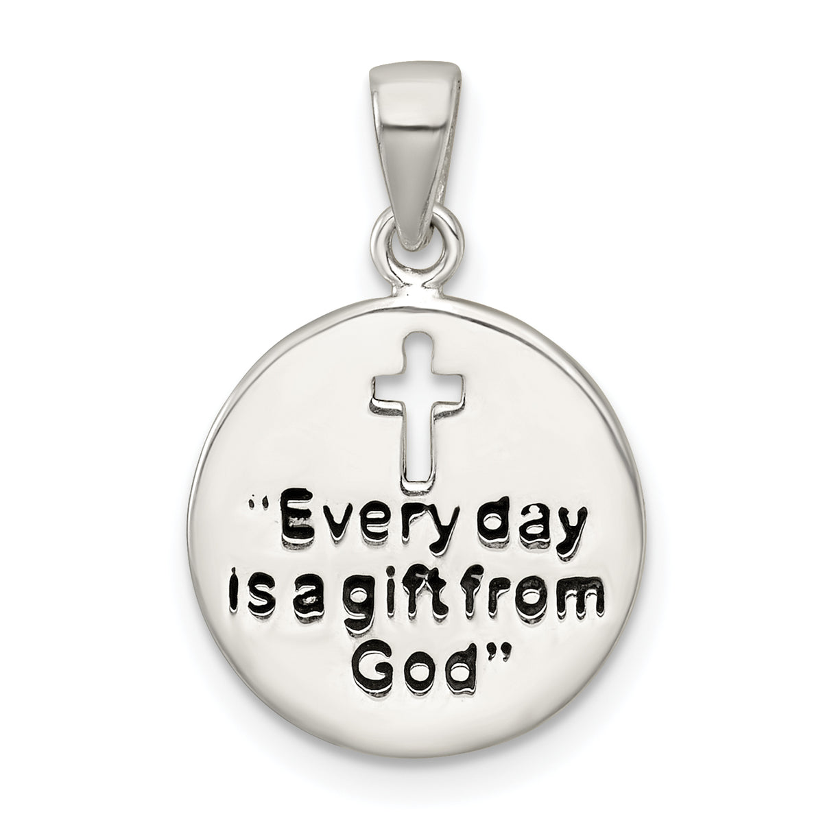 Sterling Silver Polished Black Enamel EVERY DAY IS A GIFT FROM GOD Cut Out Cross Disc Pendant